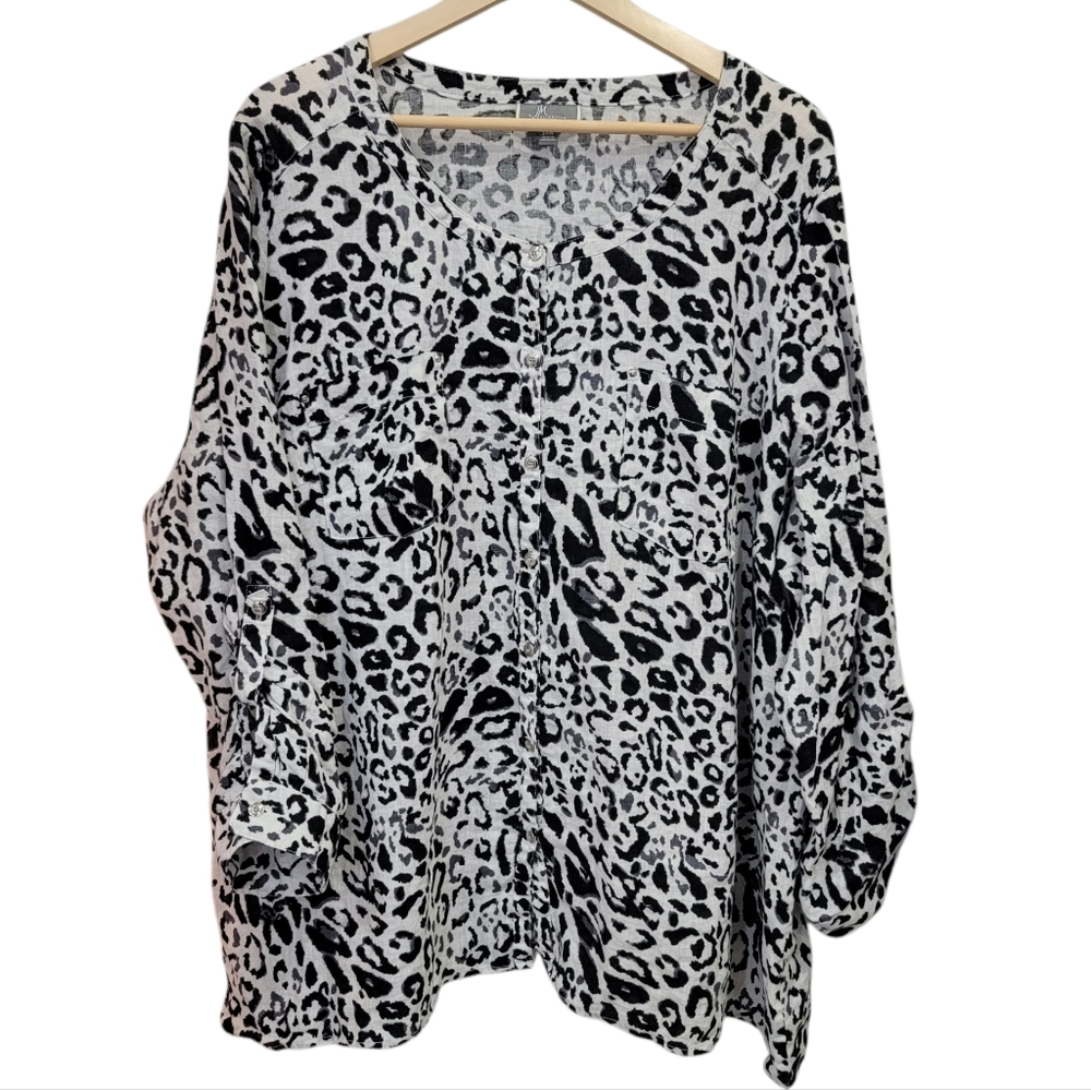 JM Collection Leopard Print Linen Top Button Front Blouse Women's Sz 24W